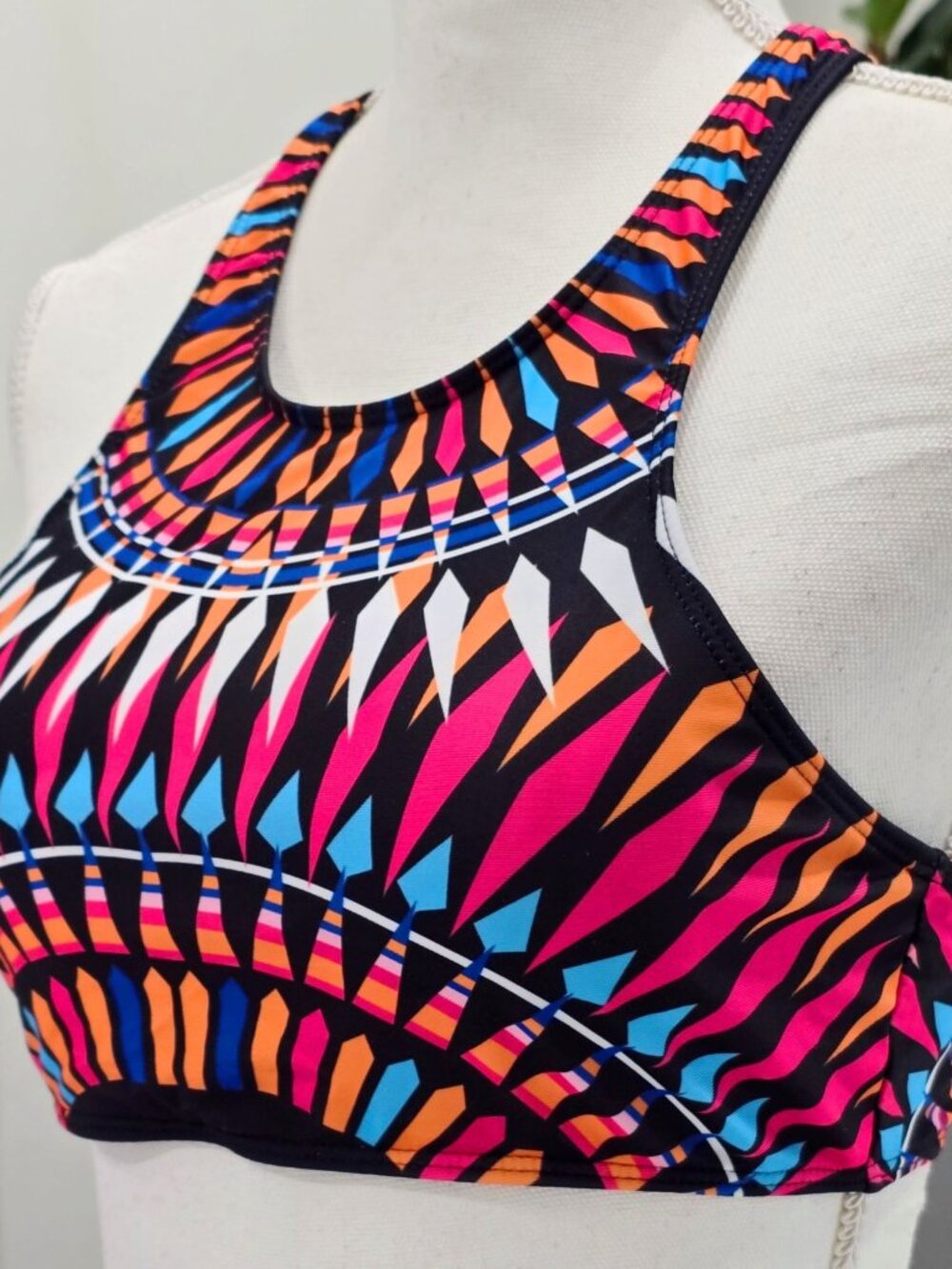 Tribal Print Bikini Set ✦ High-Neck Racerback Blue Bottoms ✦ Adjustable Stretch - Picture 5 of 8